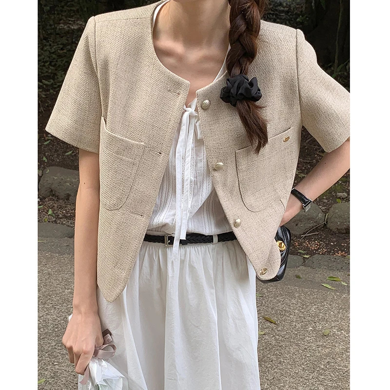 Temperament Suit Jacket Women Summer Single Breasted Slim Short Sleeved Top Harajuku Coat Womens Tweed Pink Shirt w250729