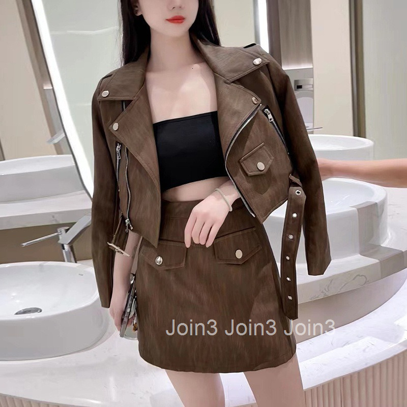 Autumn Winter New Style Elegant French Design Motorcycle Style Suit Collar Short Jacket + High Waist Short Skirt Set for Women