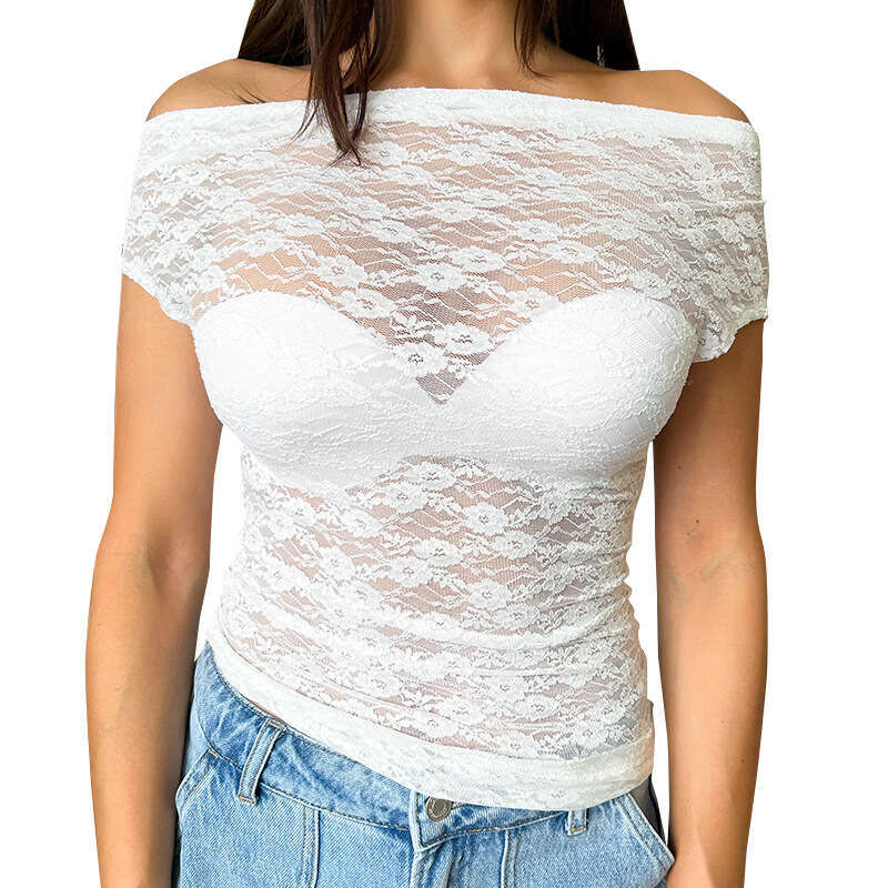 D24tp710 Women's Spring And Summer New Sexy Lace Casual One Shoulder Short Sleeve Top B5