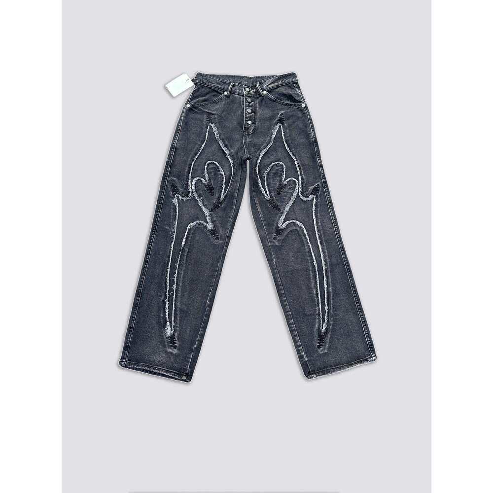 ThugClub24FW Park Jae Fan Same Style Laser Patchwork Scythe Pattern Embroidered Mid-Waist Loose Jeans
