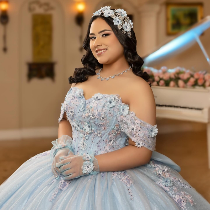 Sky Blue Shiny Quinceanera Dresses Ball Gown Off The Shoulder Applique Flower Beads Party Birthday Sweet 16 Dress Vestidos 15 Anos