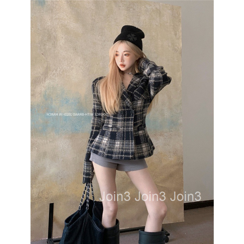 Autumn Winter American Style Socialite Plaid Waist Slimming Padded Blazer Long Sleeve Wool Coat Women Mid-Length Top