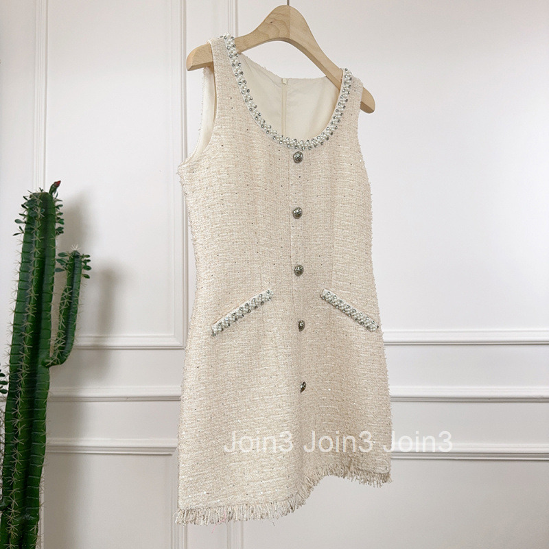 Summer New French Style Pearl Embellished Round Neck Slim Fit Sleeveless Tank Dress Short Skirt