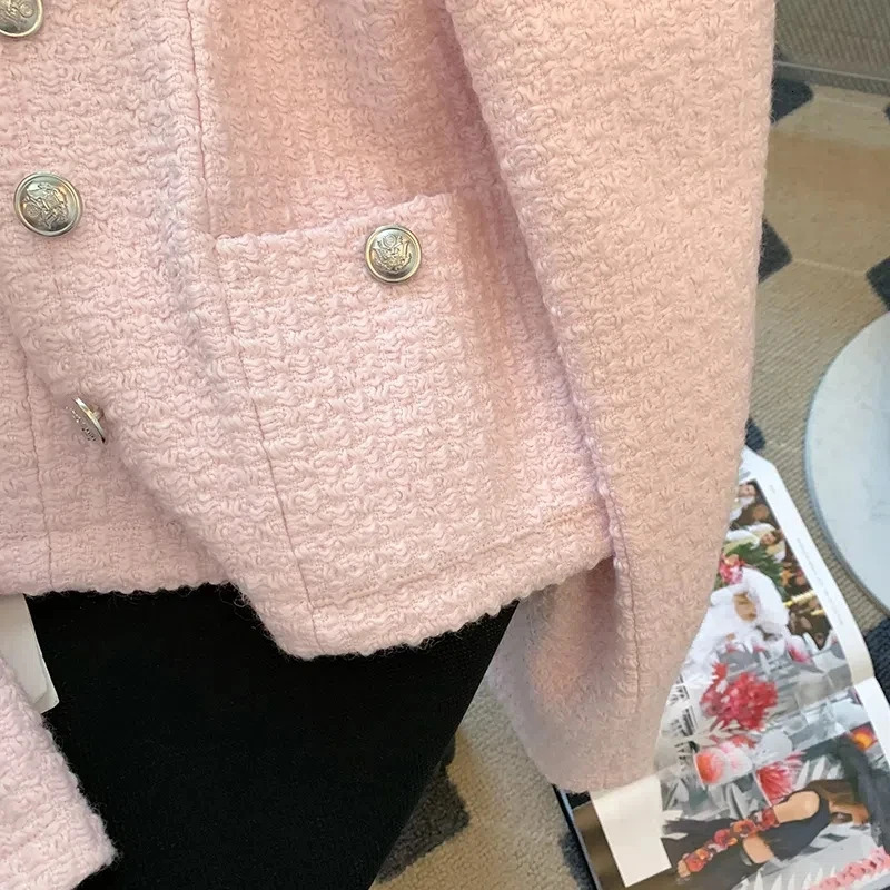 Pink Korean Tweed Cropped Jackets Tops Women Sweet Oneck Long Sleeve n Short Coats Vintage Single Breasted Blouses 250729
