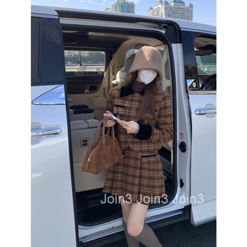 Winter New Melad Plaid Quilted Long Sleeve Jacket Top and Half Skirt Two-Piece Woolen Set