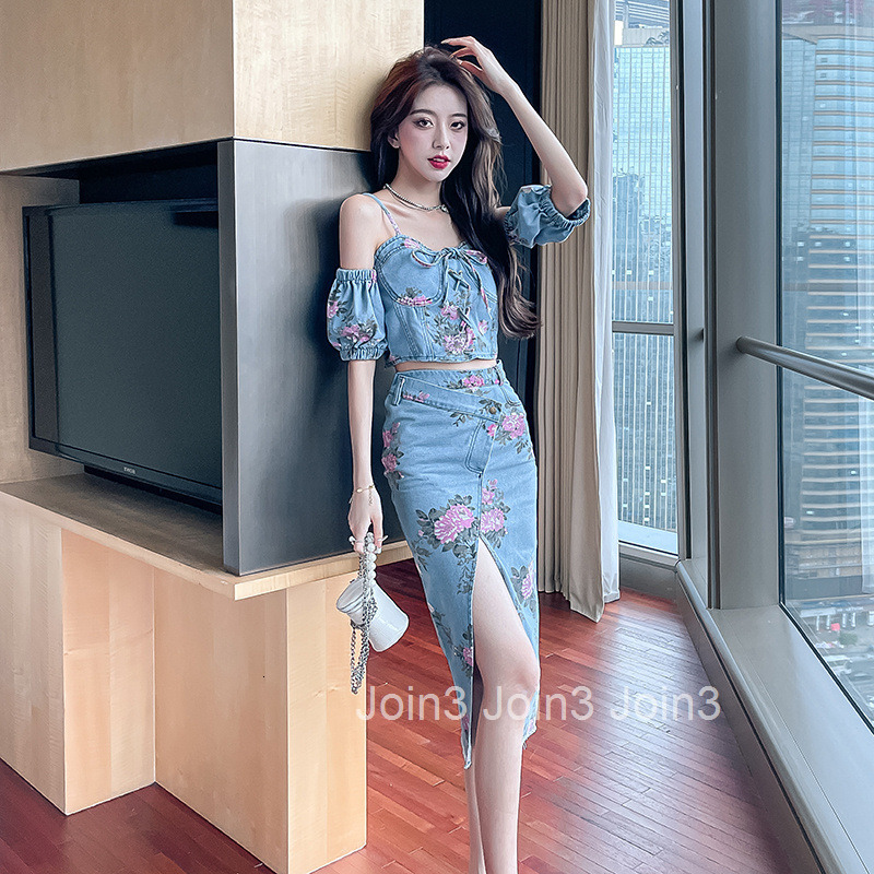 25 Summer New Sexy Slim Sleeveless Camisole Denim Print Top Short + Split Mid-Length Skirt Set for Women