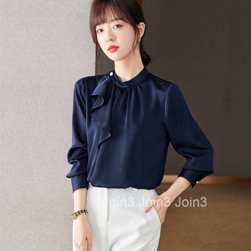 Autumn New Plus Size Womens Navy Blue Elegant Ruffled Long Sleeve Shirt Womens Blouse Top