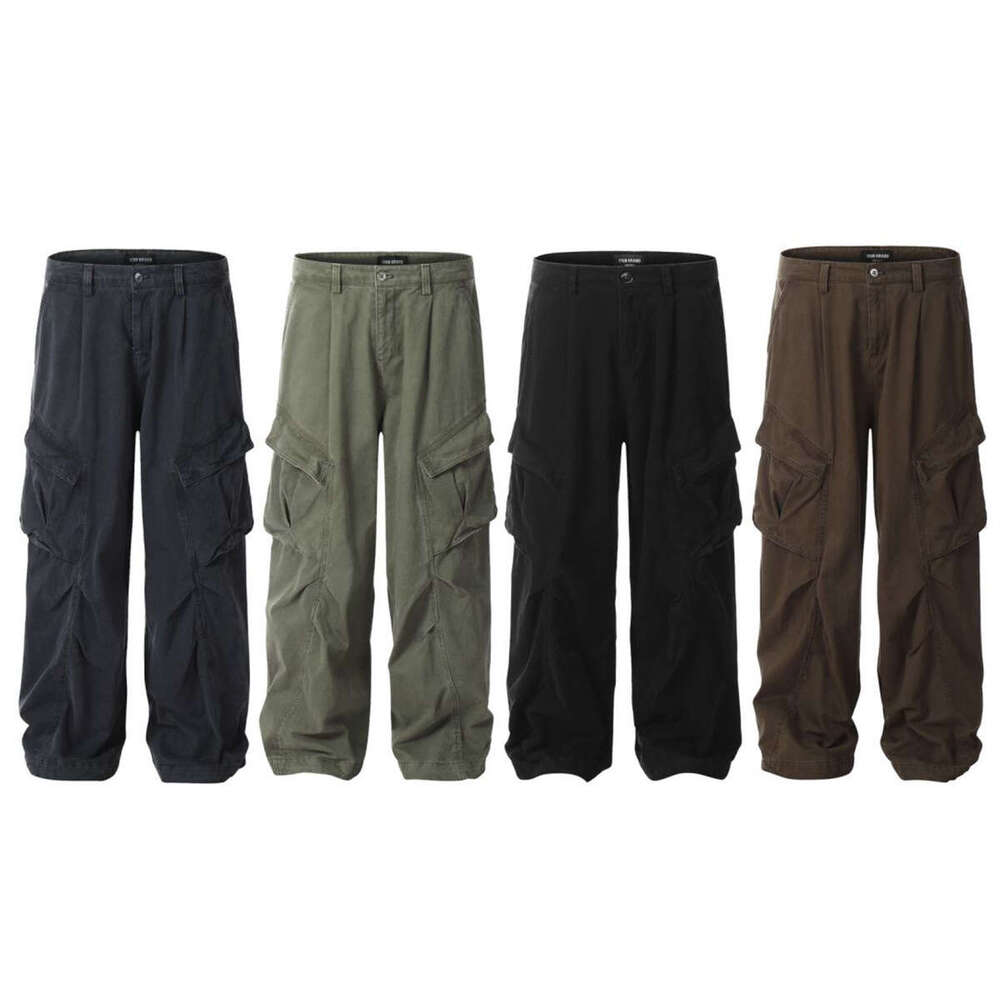 11Kn American High Street Cargo Multi-Pocket Design Wide-Leg Casual Unisex Loose Floor-Length Pants B5