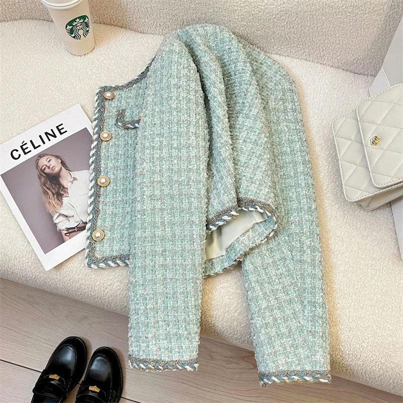 Women Elegant Tweed Jackets Chic Oneck Long Sleeve Tops Autumn Fashion Singlebreasted Office Cardigan Coat Outerwear 250729