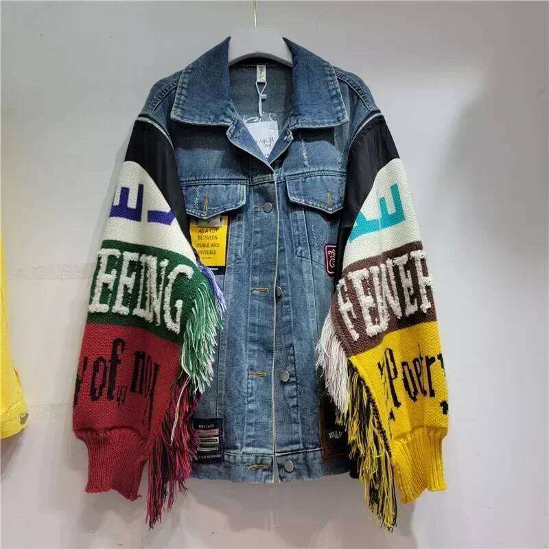 Designer Clothing 2025 Alphabet Badge Denim Coat Knitted Spliced Sleeves Fringed Jeans Jacket Street Wear Wool Sweater