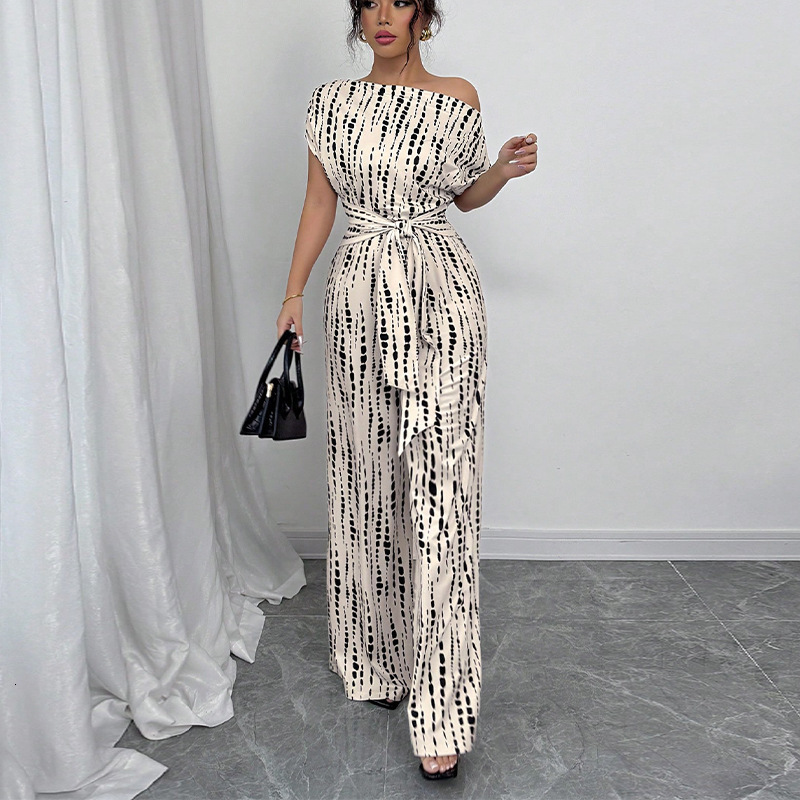 Striped jumpsuit 2025 summer vacation style sloping shoulder strap jumpsuit wide leg pants