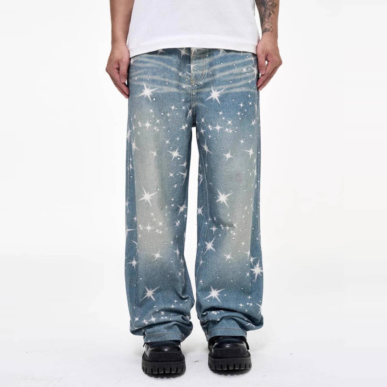 Washed Cleanfit Digital Print Hot Stamping Casual Men Straight Leg Pants Fashion Dia Inlay Distressed Trousers Jeans