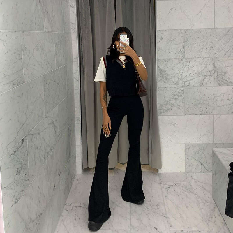 Q21pt1 Women's Fashion 21 Autumn New Casual Solid Color High Waist Slim Fit Flared Long Pants B5