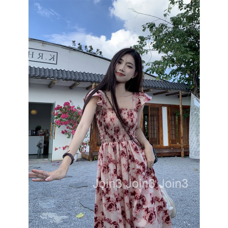 Summer New French Style Elegant Strap Long Dress Vacation Waist-Cinching Floral Print Small Flutter Sleeve Dress