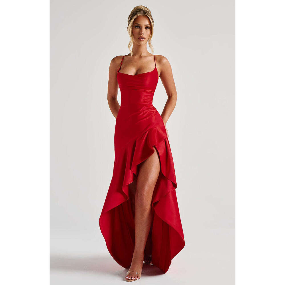 2025 European and American Foreign Trade Summer Hot Sexy Women's Strap Backless Ruffled Irregular Dress Gown