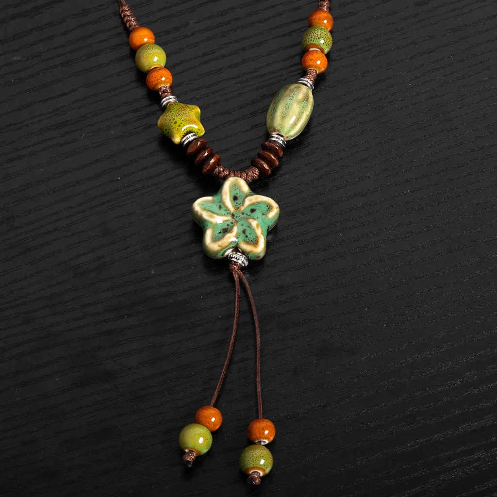 Nature-Inspired Handmade Ceramic Necklace Adjustable Boho Ethnic Jewelry Green Blossom Pendant Long Artisan Statement S02-051 250729
