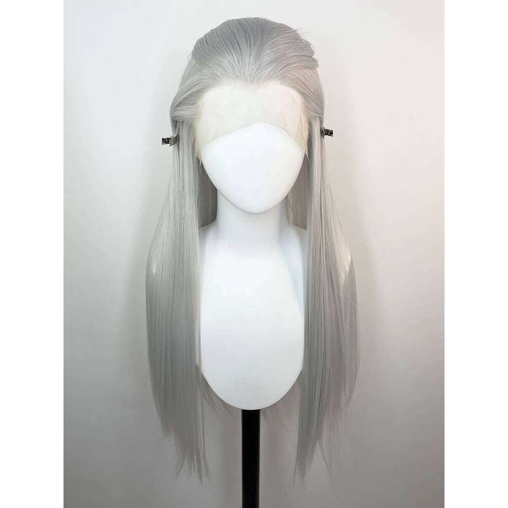 Sier Grey Human Synthetic Lace Front For Women Elf Cosplay 26 Inch Long Straight Glueless Wigs Free Part