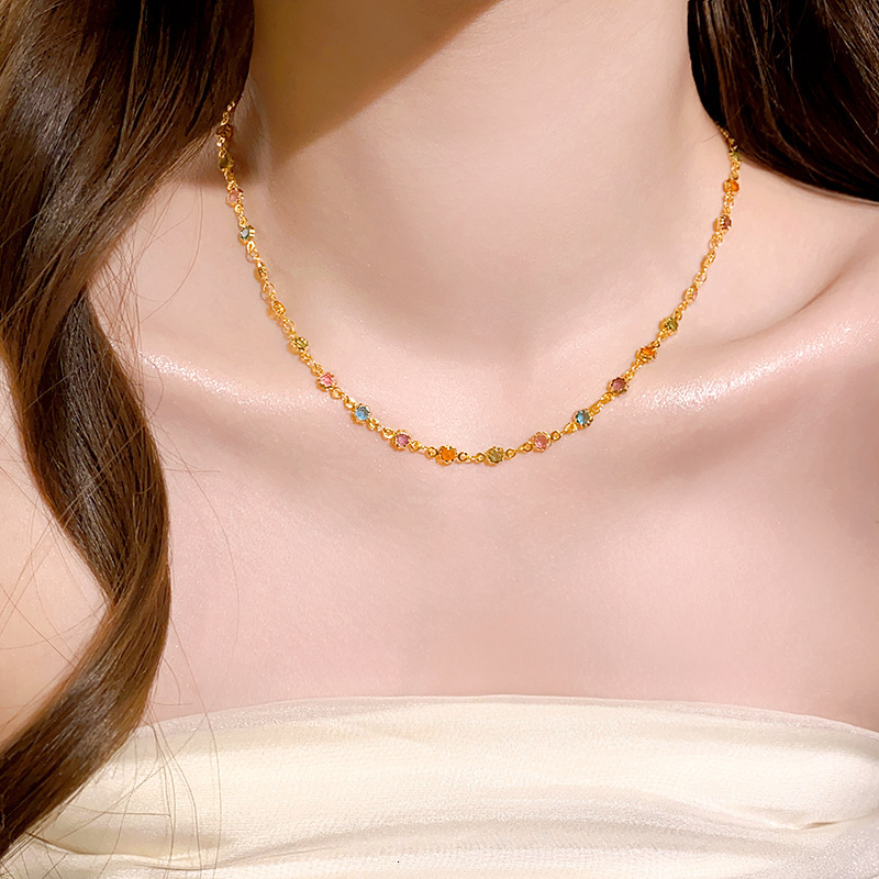 New Dopamine Color Crystal Necklace Niche Design Light High-end Clavicle Chain Elegant Versatile Jewelry Jewelry for Women Jewelry for Women