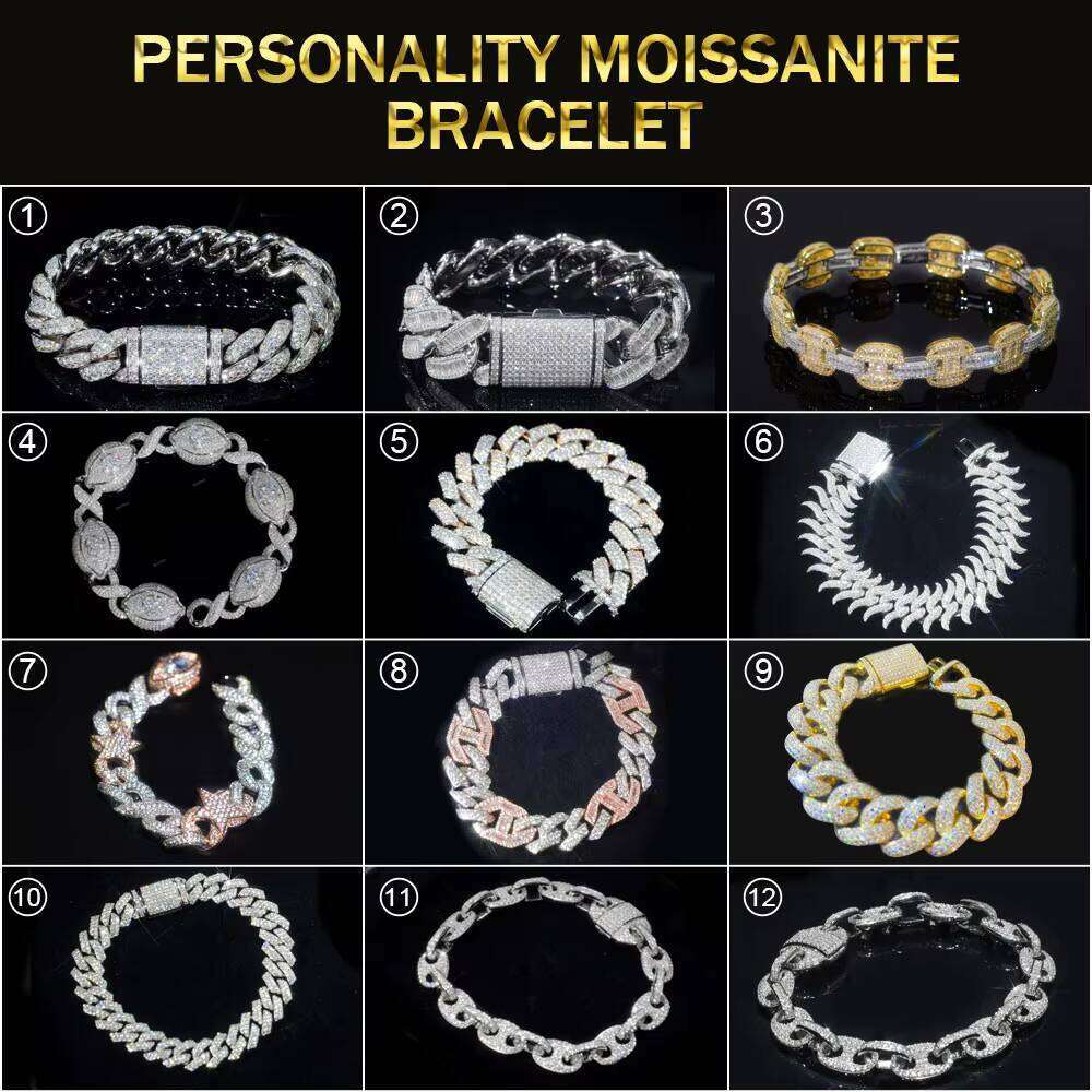 Vvs Iced Out Moissanite Blue Flower Baguette Cuban Chain Hip-Hop Bracelet Gold and Sier Premium Jewelry for Men