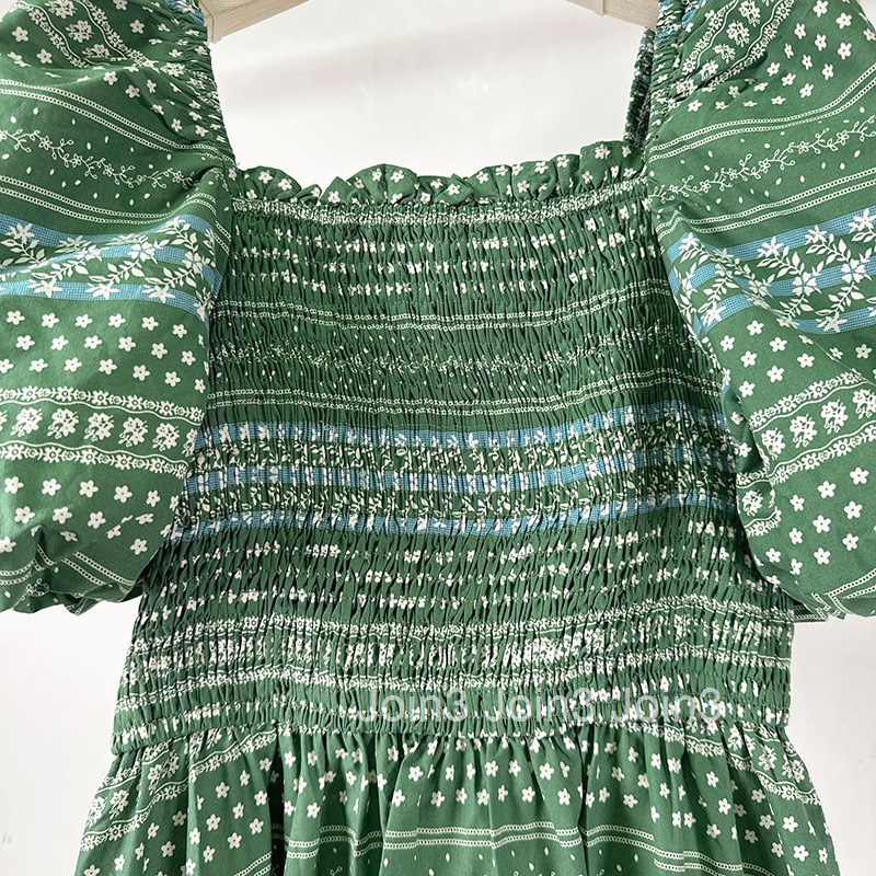 Summer New Off-Shoulder High Waist Slimming Long Dress Ethnic Style Floral Square Neck Puff Short Sleeve Dress