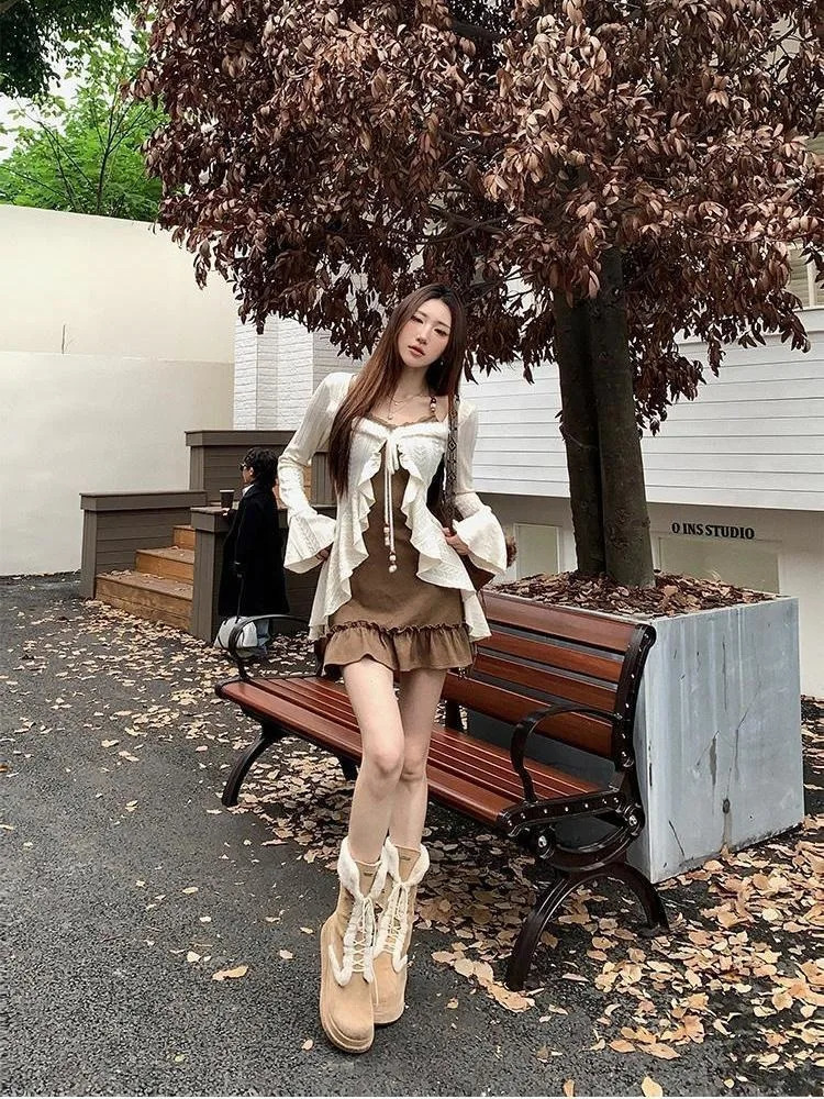 American Retro Slim Fit Camisole Dress for Women with Ruffles Long Sleeve Knitted Cardigan Autumn Two Piece Sets 250729