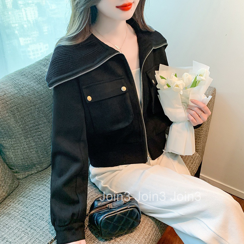 Autumn Winter New Large Lapel Deerskin Velvet Spliced Knitted Long Sleeve Short Coat Womens Fashion Trendy Jacket Top