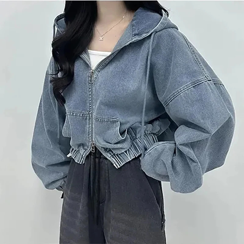 American Retro Street Style Womens Hooded Denim Jacket Spring Autumn Zipper Cardigan Short Coats 250729