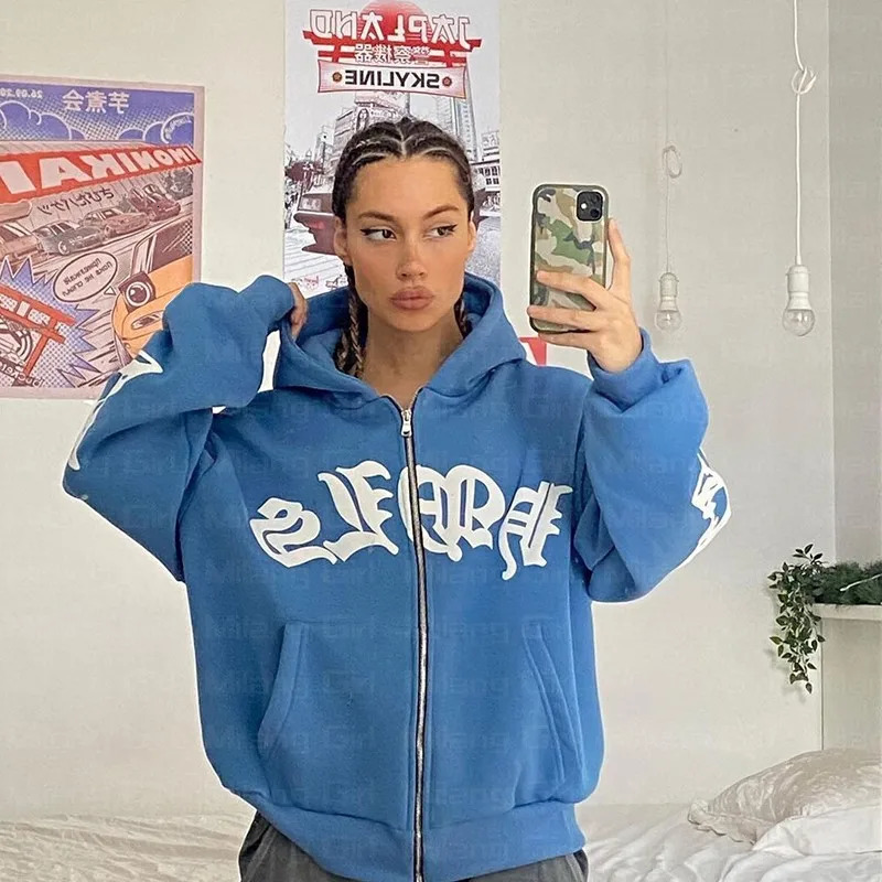 Zip Hoodie Snowflake Letter Print Gothic Punk Sweatshirt Women Hoodies Sport Coat Pullover Long Sleeve Oversized Y2K Jacket 250729