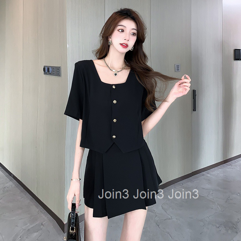 Summer New French Fashion Slimming Square Neck Short Sleeve Top + Shorts Skirt Two-Piece Set for Women