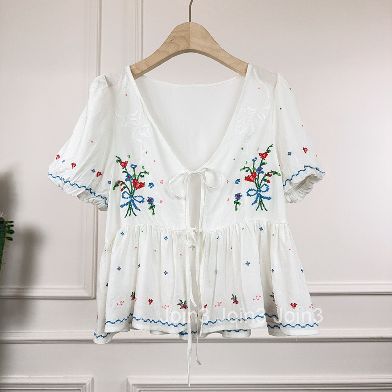 Summer New French Style Sweet Girl Cute Loose V-Neck Embroidered Tie Short Sleeve Top Womens Blouse Shirt