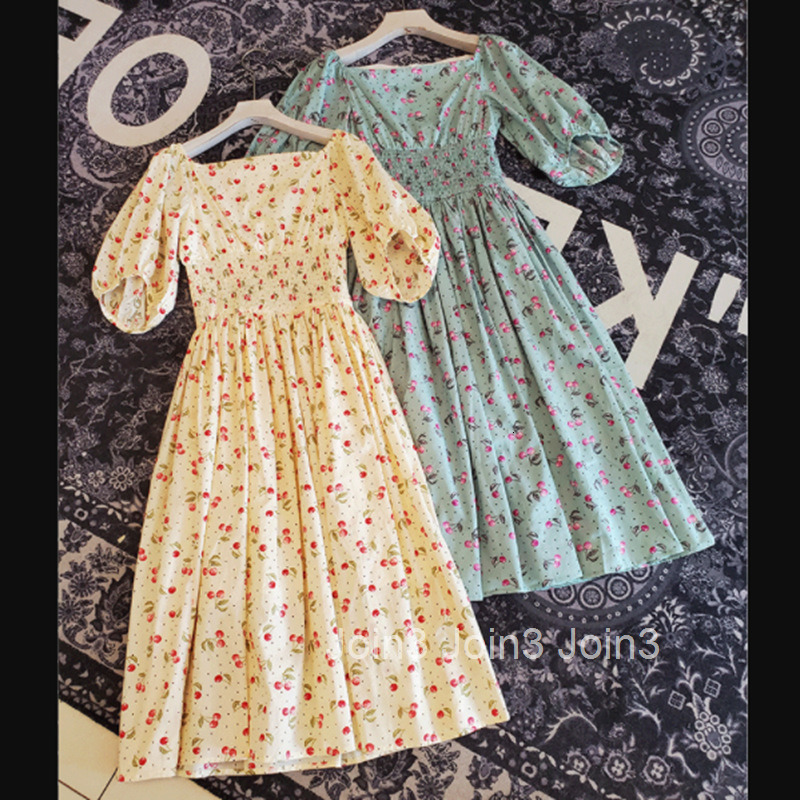 Printed Dress for Women Summer New Fashion Floral Skirt Cherry Waist Slimming Over-the-Knee Mid-Length Dress