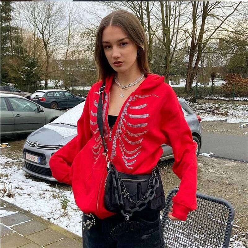 hoodie Women Gothic Black Zip Up Oversized Sweatshirts Y2K Rhinestone Skeleton Hoodies Female Retro Haruku Hooded Jacket Streetwear jacket