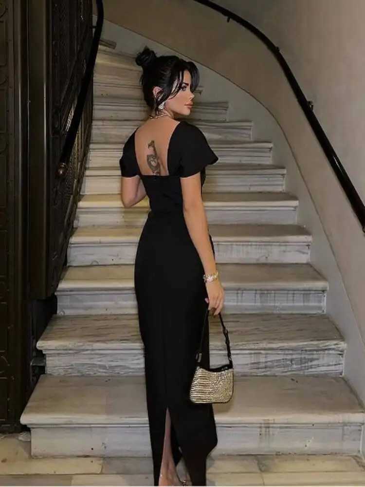 New Womens Short SLeeve Square Neck Bandage Dress Floor Length Bodycon Fashion Celebrity Party Maxi Dress Z250728