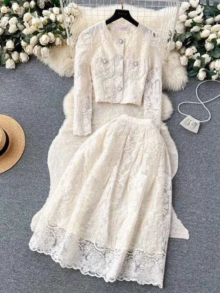 Autumn Elegant Flower Embroidery Lace Two Piece Matching Set Womens Long Sleeve Pearls Button Crop Top Midi Skirts Suits 250728