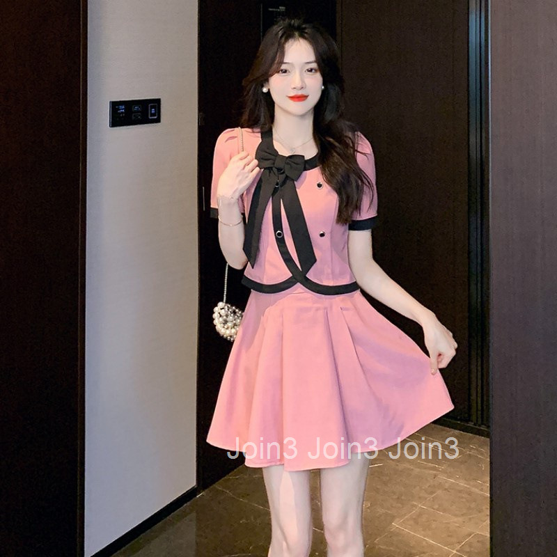 Summer New French Style Small Fragrance Lace-Up Bow Collar Cardigan Short Sleeve Top High Waist Skirt Set