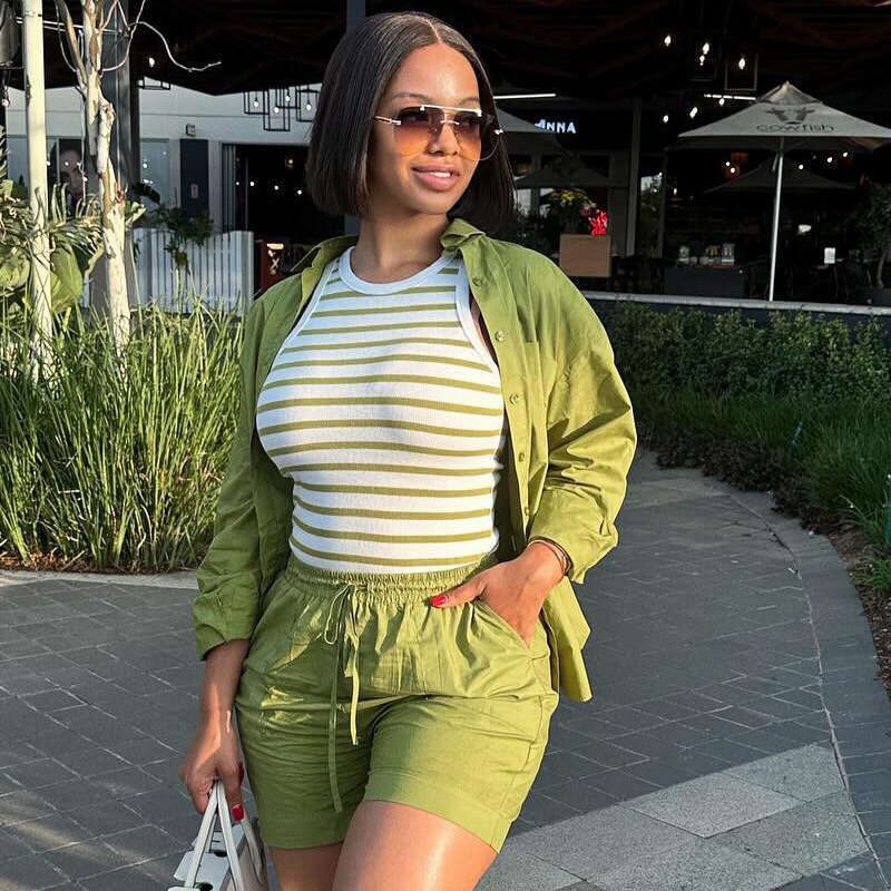 Women's Fashion Spring Summer Casual Long Sleeve Shirt And Shorts Two-Piece Set For Women B5