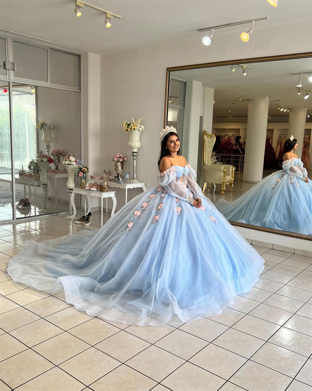 Ball Gown Quinceanera Dresses Flowers Long Puff Sleeve See-through Crystal Tulle Lace-up Plus Size Sweet 15 16 Princess Birthday Party Gowns Vestidos 