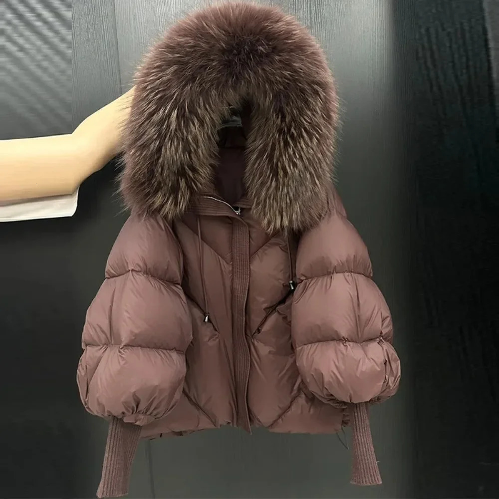 Coat Women Winter Jacket Large Fur Hooded Puffer Jacket Women Thick Warm Knitted Sleeve Coat White Duck Down Mid Parka 250723
