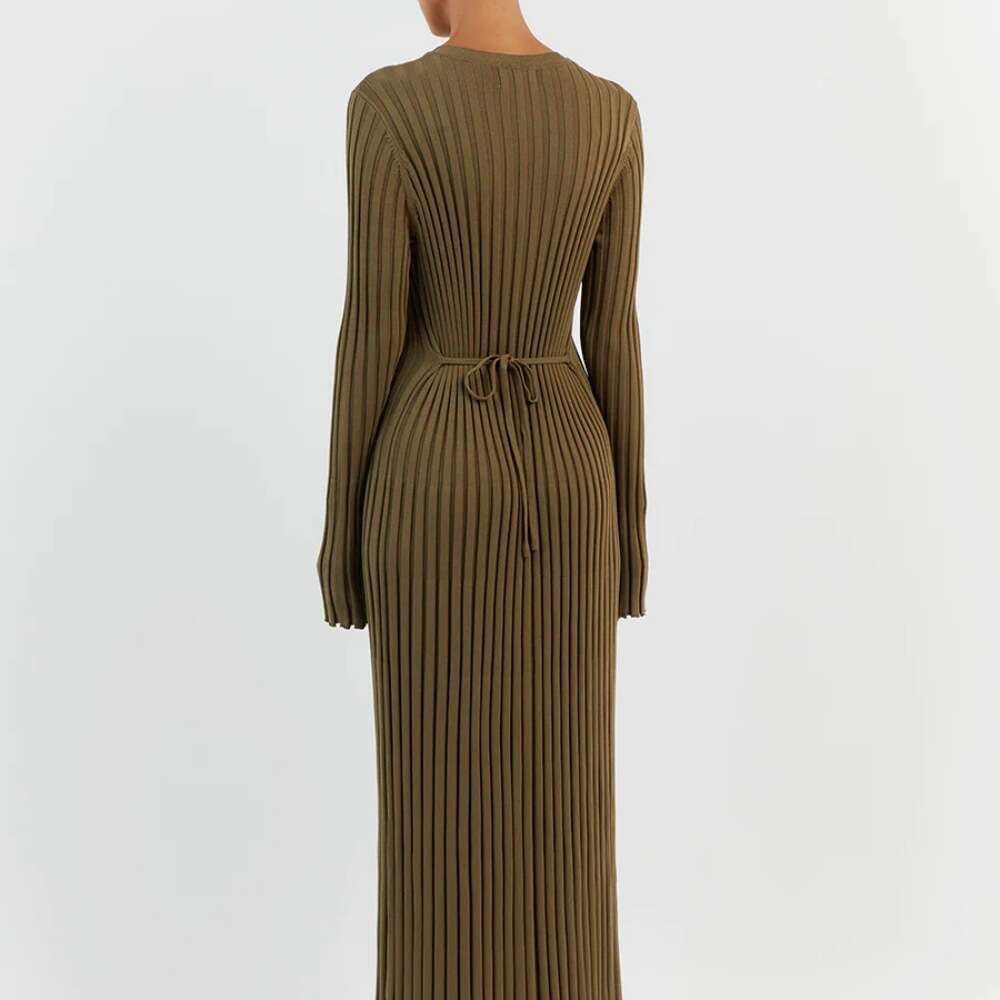 Women's Spring Knitted Round Neck Ribbed Stitched Flare Sleeve Tie Solid Color Casual Long Dress B5