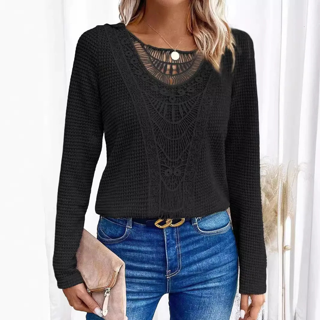 Solid Crew Neck Cut Out TShirt Elegant Ribbed Long Sleeve Contrast Lace for Autumn Winter Womens Clothing 250729