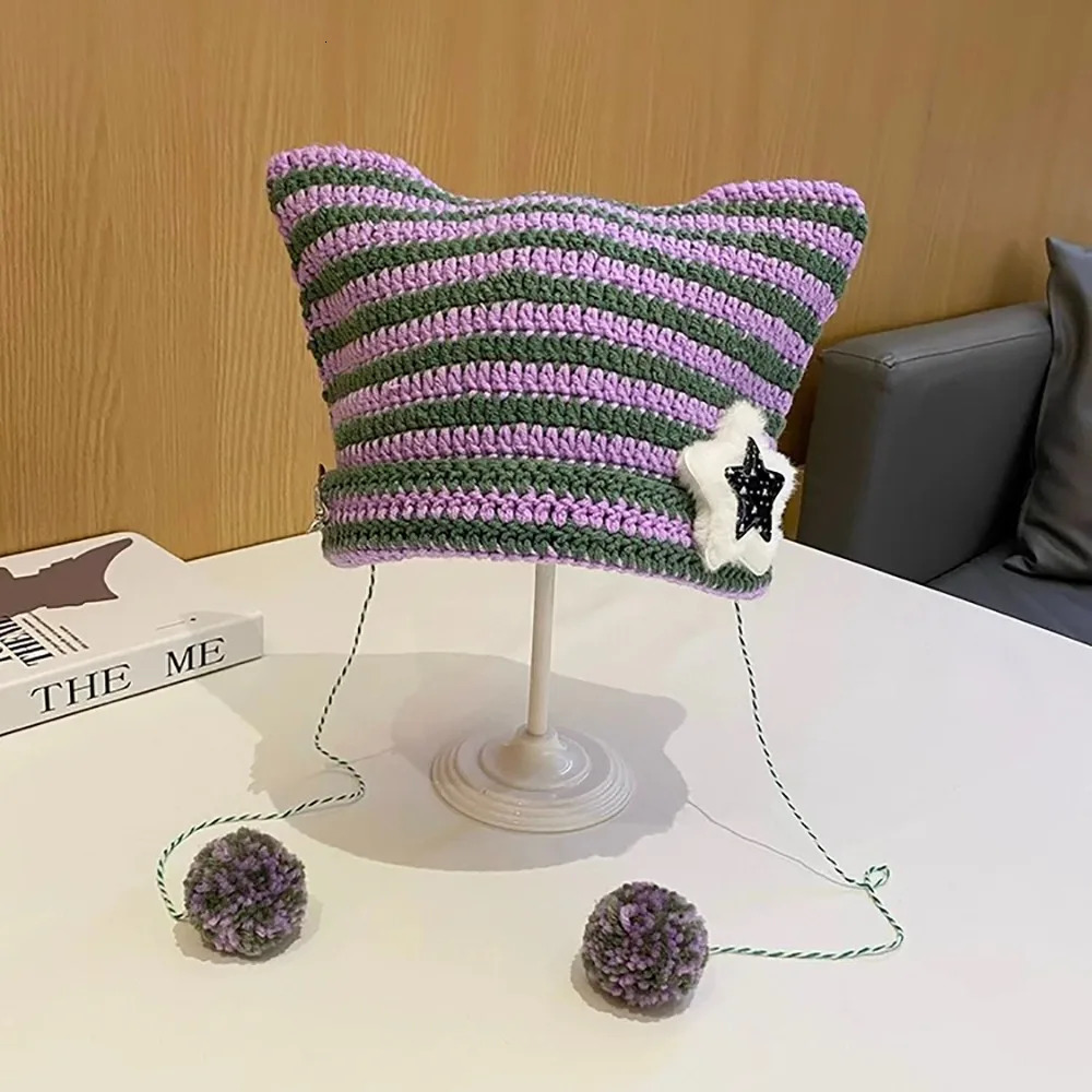 2K Beanie Hat Ins Devil Ear Striped Knitted Wool Cap Autumn Winter Hip-Hop Crochet Cute Cat Ears Pointed Pullover Womens Hats 250724