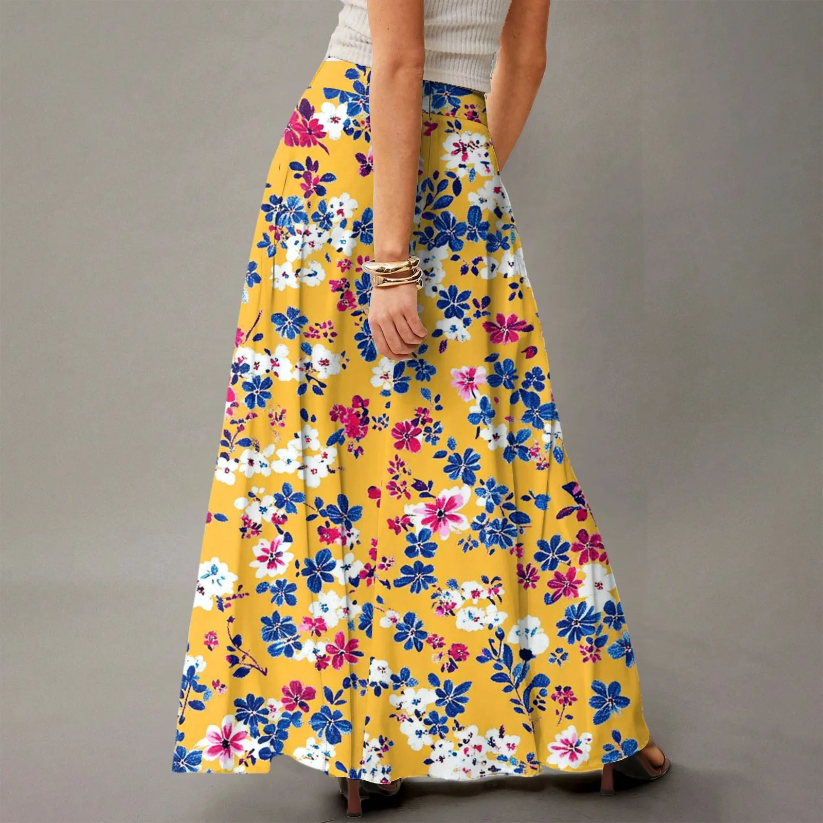 Summer Casual Skirt for Women High Waisted Stretch Printed with Pockets Loose Flowing Long Skirts Fashion Beach Skirt 250729