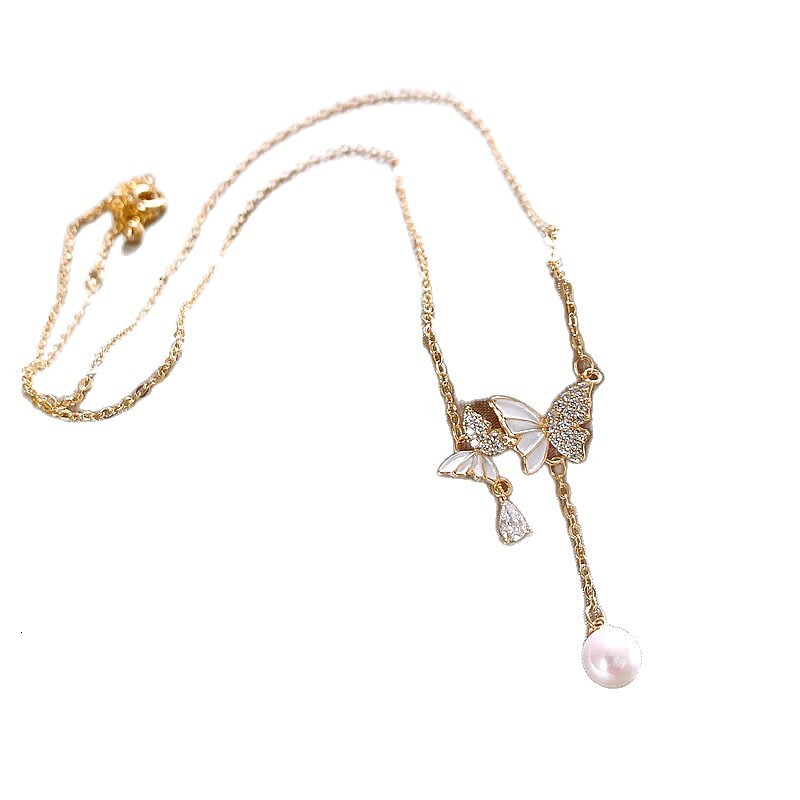 Micro Inlay Large and Small Drop Glaze Butterfly Tassel Pendant Necklace for Women, High-end Light Niche Collarbone Chain, 2025 New Model Jewelry for 