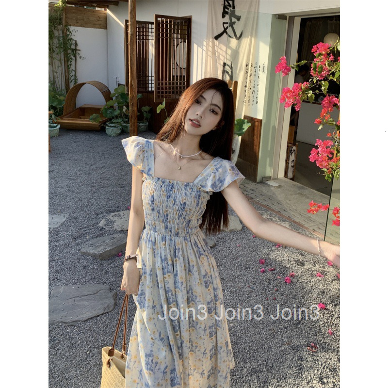 Summer New French Style Elegant Strap Long Dress Vacation Waist-Cinching Floral Print Small Flutter Sleeve Dress