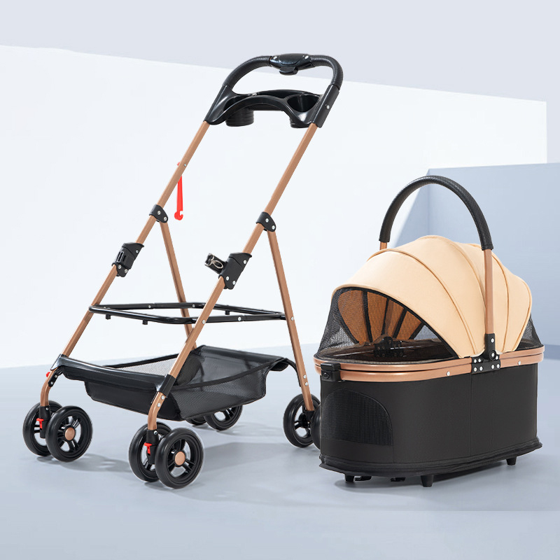 Pet stroller with 4 wheels, foldable pet travel harness, suitable for small/medium-sized dogs and cats, detachable portable pet bag