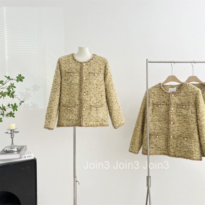Winter New Thick Floral Wool Tweed Small Fragrance Style Down Jacket for Women with Design Sense Round Neck Long Sleeve Mid-Length Coat for Women