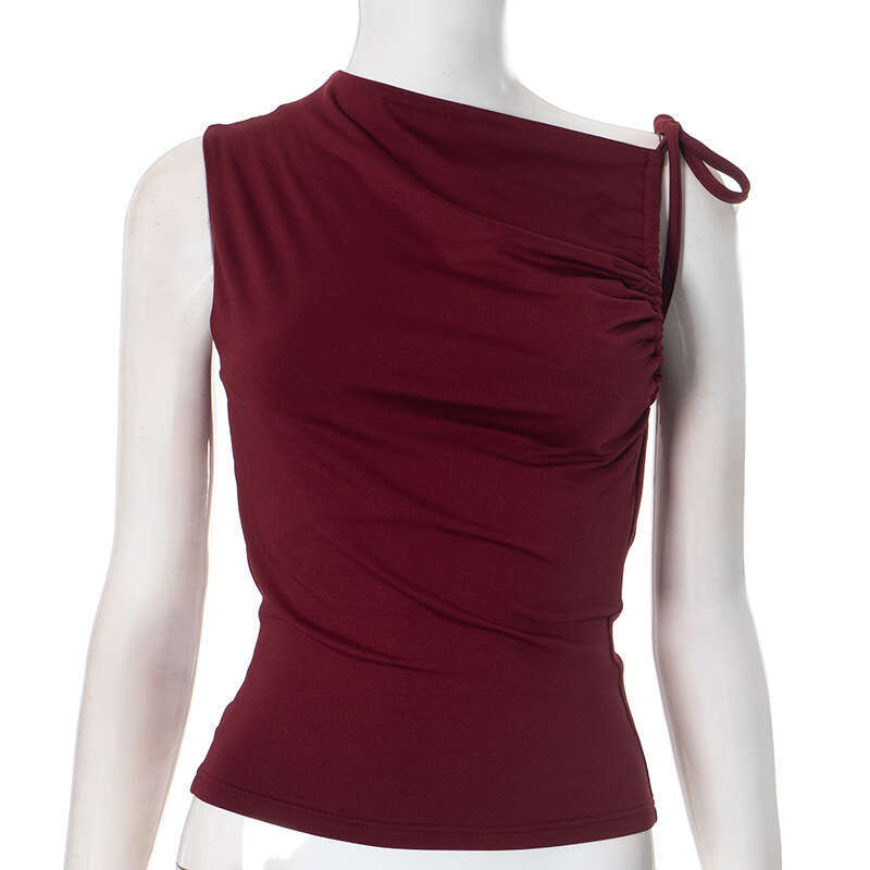 Ytp636 Wind Women's Clothing Autumn Winter Asymmetrical Drawstring Sleeveless Ruched Crop Top T-Shirt B5