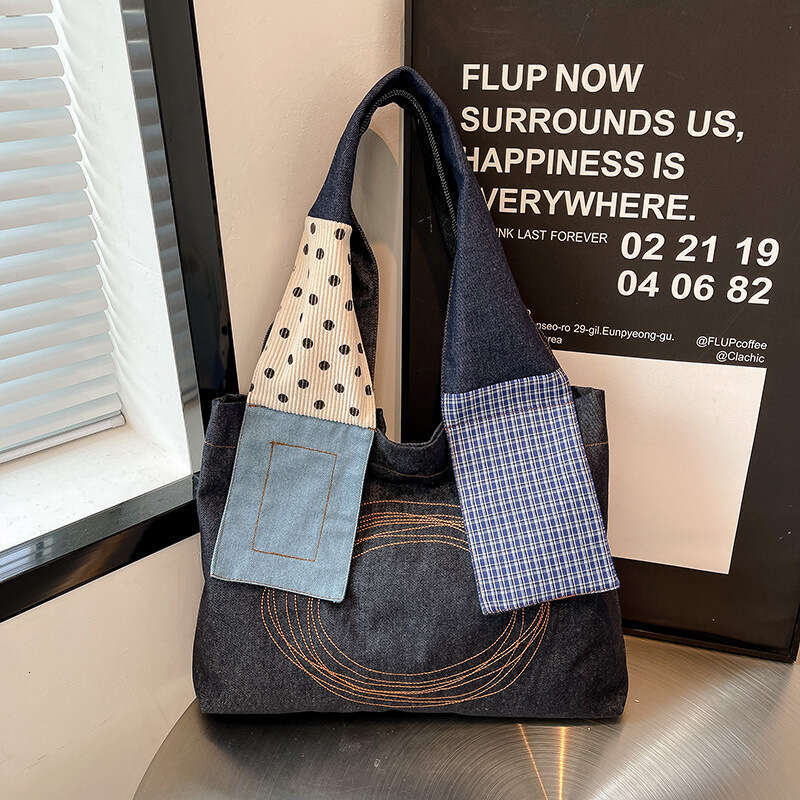Artistic Niche Tote Bag with Unique Design, Trendy Patchwork Wide Shoulder Strap, Large Capacity Handbag