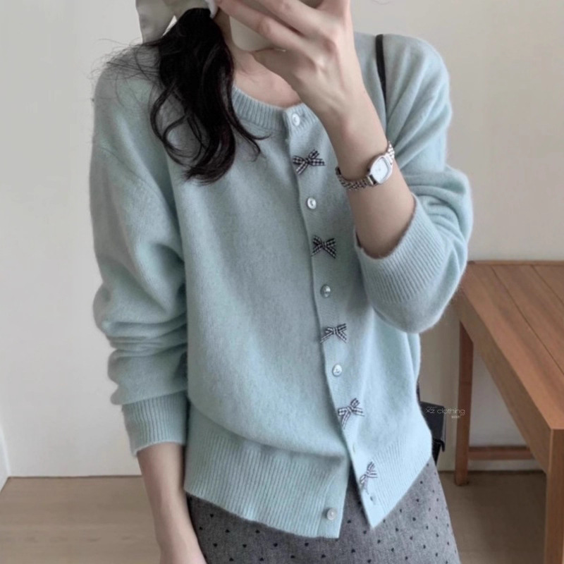 Korean-style soft knit sweater for women new autumn and winter bow button design age-reducing knit coat for women