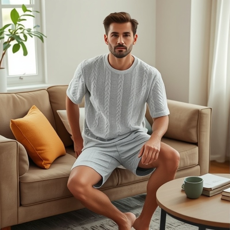 Mens Jacquard Knitted Casual Set Summer Special Plus Size T-shirt Short Sleeve Shorts